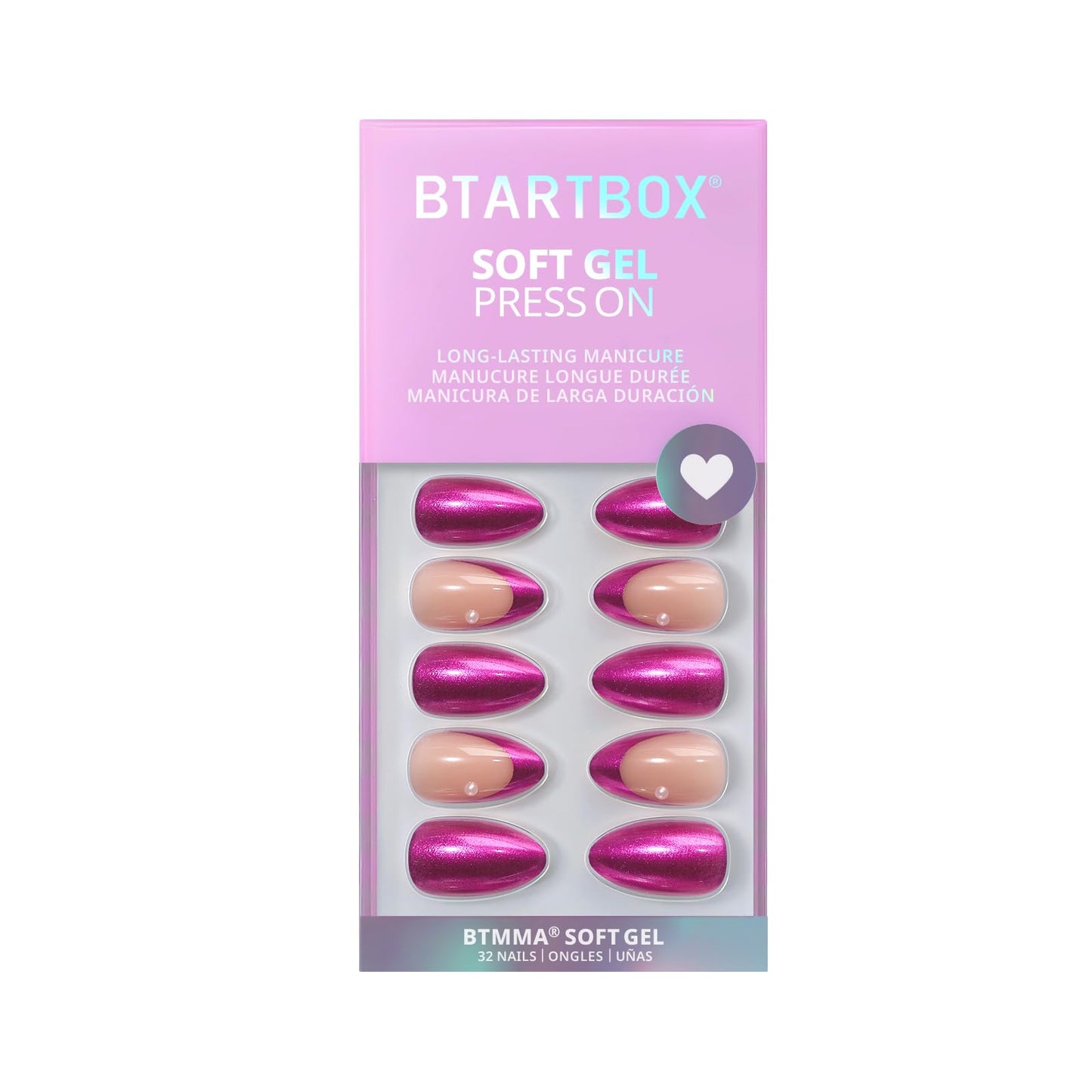 BTArtbox Press On Nails Short - Purple Chrome Almond French Tip Press On Nails with Glue for Women, Opaque Soft Gel Glue On Nails in 16 Sizes - 32 Stick On Nails Kit, Purple Pact