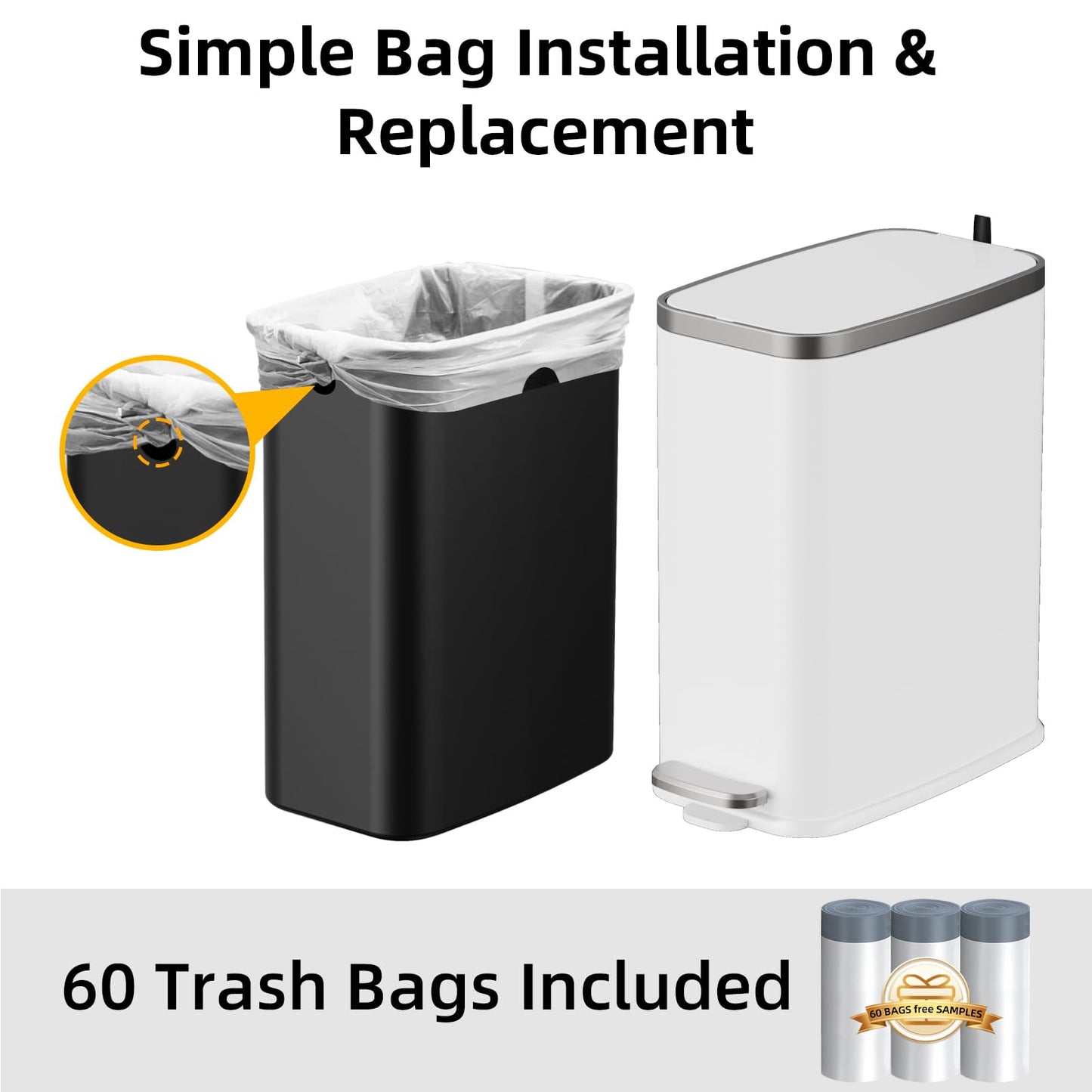 KdbK Stainless Steel Bathroom Trash Can with Lid Soft Close,1.6 Gallon Slim Garbage can,Small Metal Step Wastebasket for Office, Bedroom, Toilet, White