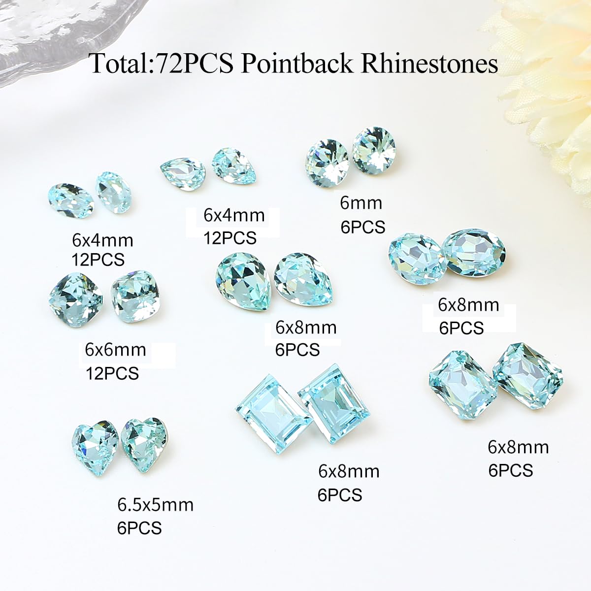 DONGZHOU 72pcs Mix Shape Nail Art Rhinestone,7 Styles Glass Nail Rhinestones Pointback Nail Gems Shiny 3D Nail Charms for Nail DIY Decorations Crafts,Aquamarine
