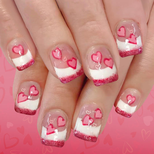 Valentines Press on Nails Short Square Artificial Acrylic Fingernails French Glitter Tip False Nails Pink Love Coffin Nail Full Cover Glossy Heart Stick on Nail for Women Festival Manicure 24Pcs