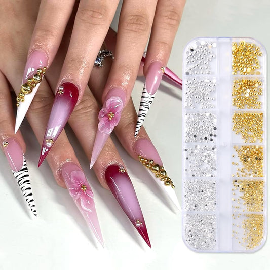 Silver and Gold Nail Charms and Gems, Mixed Sizes Half Round Flatback Stainless Steel Beads Metallic Caviar Beads Nail Rivets Studs Jewels with Tweezers Manicure Decorations DIY Crafts