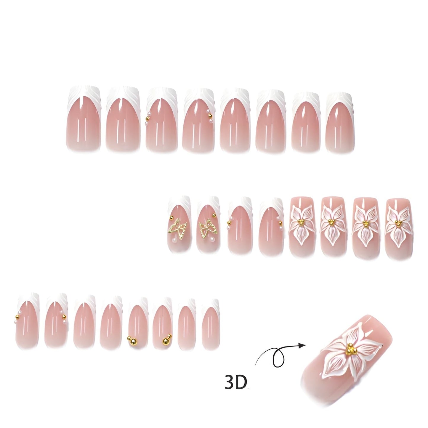 French Tip Fake Nails Medium Square Press on Nails Flower Glue on Nail Butterfly Glue on Nail with Rhinestones Design Glossy False Nails White Stick on Nail for Women Decorations Set 24Pcs