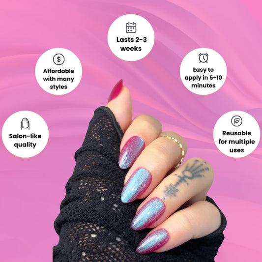 Short Almond Press On Nails | Dark Purple Cat Eye False Nails, Salon Quality Perfect for Everyday Wear& Women Girl Gift – Reusable Stick On Fake Nails| 15 Sizes - 30 Nail Kit with Glue and Sticky Tabs
