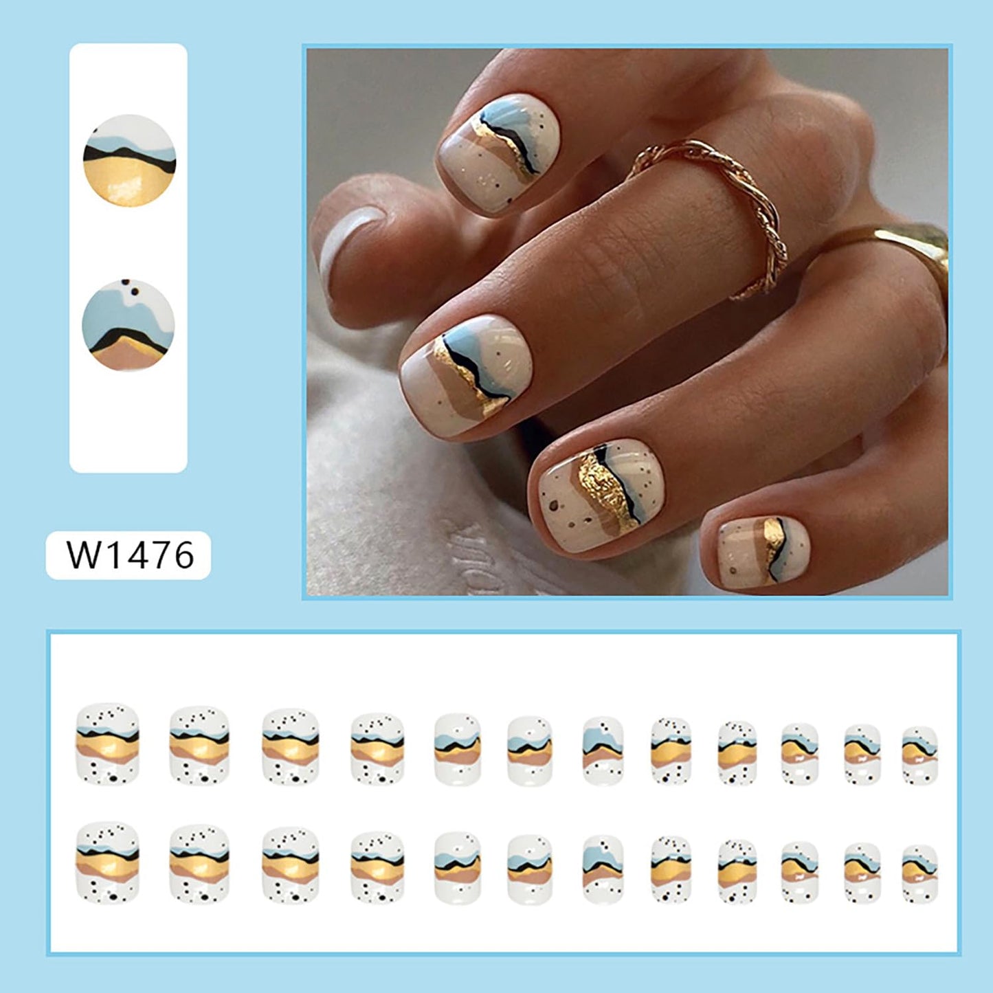 Vezocim Press on Nails Short Square-24Pcs Glossy Full Cover Acrylic Square False Nails with Line Designs Artificial Extra Short Square Fake Nails with Glue Stick on Fingernails for Women Girls