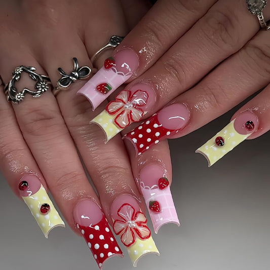 BABALAL Press On Nails, Long Square Fake Nails, Pink Yellow With Strawberry, Floral & Polka Dot Design, Cute Summer Glossy Full Cover Reusable Glue On Nails For Women And Girls 24Pcs