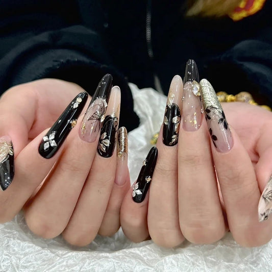 TENPAL Chinese Press On Nails With Tools,Black Gold Ink Butterfly Designs Fake Nails Long Stiletto,Hand-Painted Vintage French Tip Glue on Nails,Glitter Glossy Acrylic False Nail Tips for Luxury(XS)