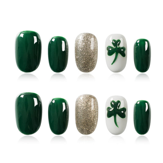 Tesytto Short Oval Press On Nails, Deep Green Silver Glitter Hand-Painted Clover, Reusable Full Cover Acrylic Nail Art (Size M)