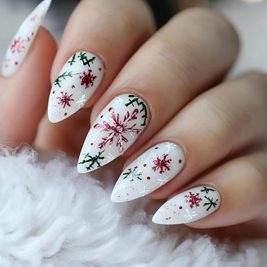 Christmas Press On Nails Medium Almond Fake Nails Winter False Nails With Snowflake Design Artificial White Acrylic Glue On Nail Full Cover Glossy Xmas Stick On Nail For Women Manicure 24pcs