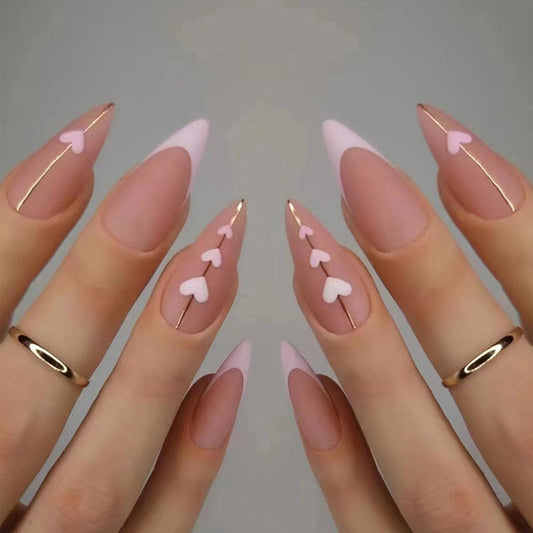 TOGZOM French Tip Heart Almond Press On Nails, 24 Pieces, Pink Heart Design, Glue On Nails, Medium Coverage, Matte Finish ABS Plastic, DIY Salon-Quality Manicure