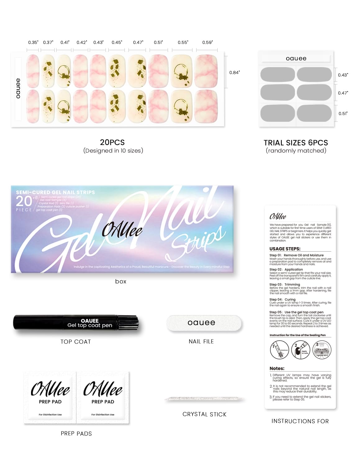 Oauee Semi Cured Gel Nail Strips | Built-In Gel Top Coat | UV Light Required | Salon Quality, Easy Application And Removal (Gilded Marble Dream）