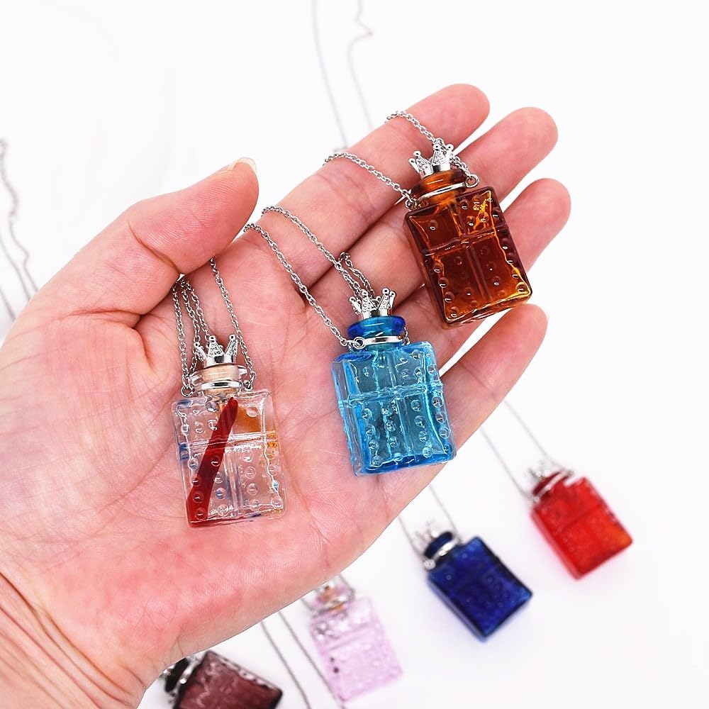 CoolDIY Handcrafted Glaze Glass Square Refillable Essential Oil Necklace Pendant - Aromatherapy Perfume Diffuser Pendant with Stainless Steel Chain (Dark Blue)