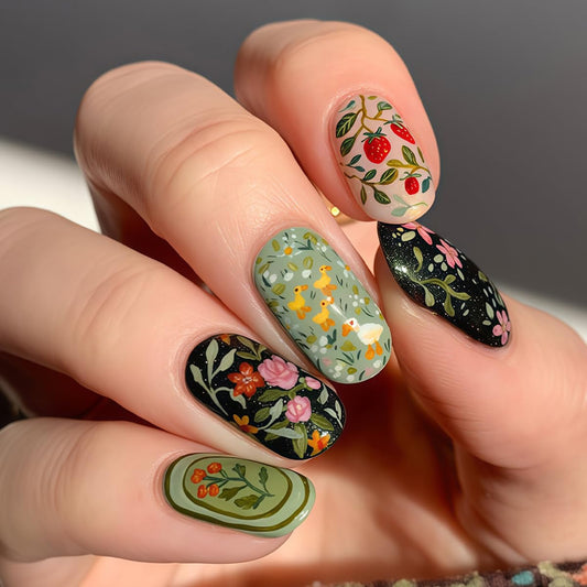 Short Press on Nails Oval - Green with Spring Flower & Duck Design, Oil Painting Style Full Cover Glossy Fake Nails 24PCS for Women Manicure