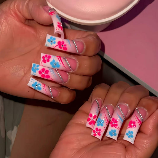 Curved Press on Nail Flower Fake Nails Extra Long Square Press ones Pink White Gradient with Rhinestones desigsn Blue Pink Floral Glue on Nails Glossy Acrylic Full Cover False Nails for Women24pcs