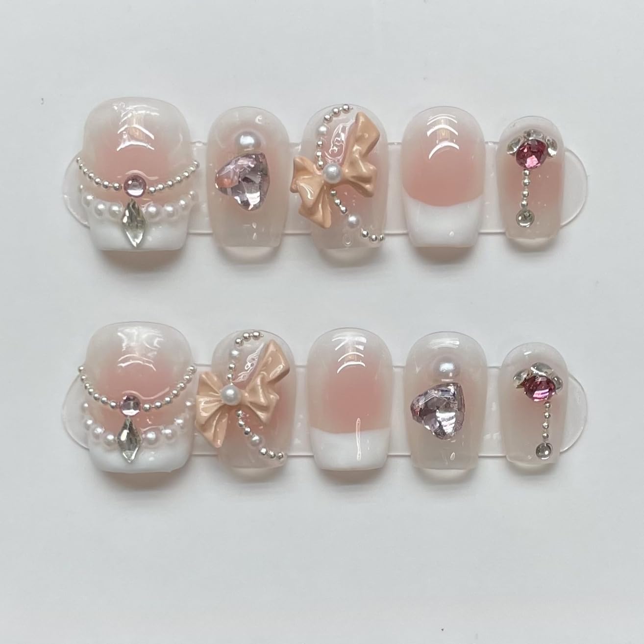 TENPAL French Tip Press on Nails Extra Short Acrylic Fake Nails With Beads Pearls Bow Charms 10pcs/Box Cute Natural Pink Nails Press ons For Women Girls Reusable Artificial Nails for Daily Wear(S)
