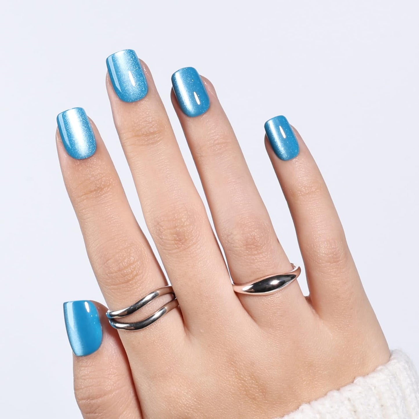 Leefrei Blue Cat Eye Press On Nails - Short Square Press on Nails Ocean Blue Nails Press Ons for Women, Reusable Glossy Fake Nails Kit with Glue DIY Nails Short in 15 Sizes - 30pcs, Ocean Teal