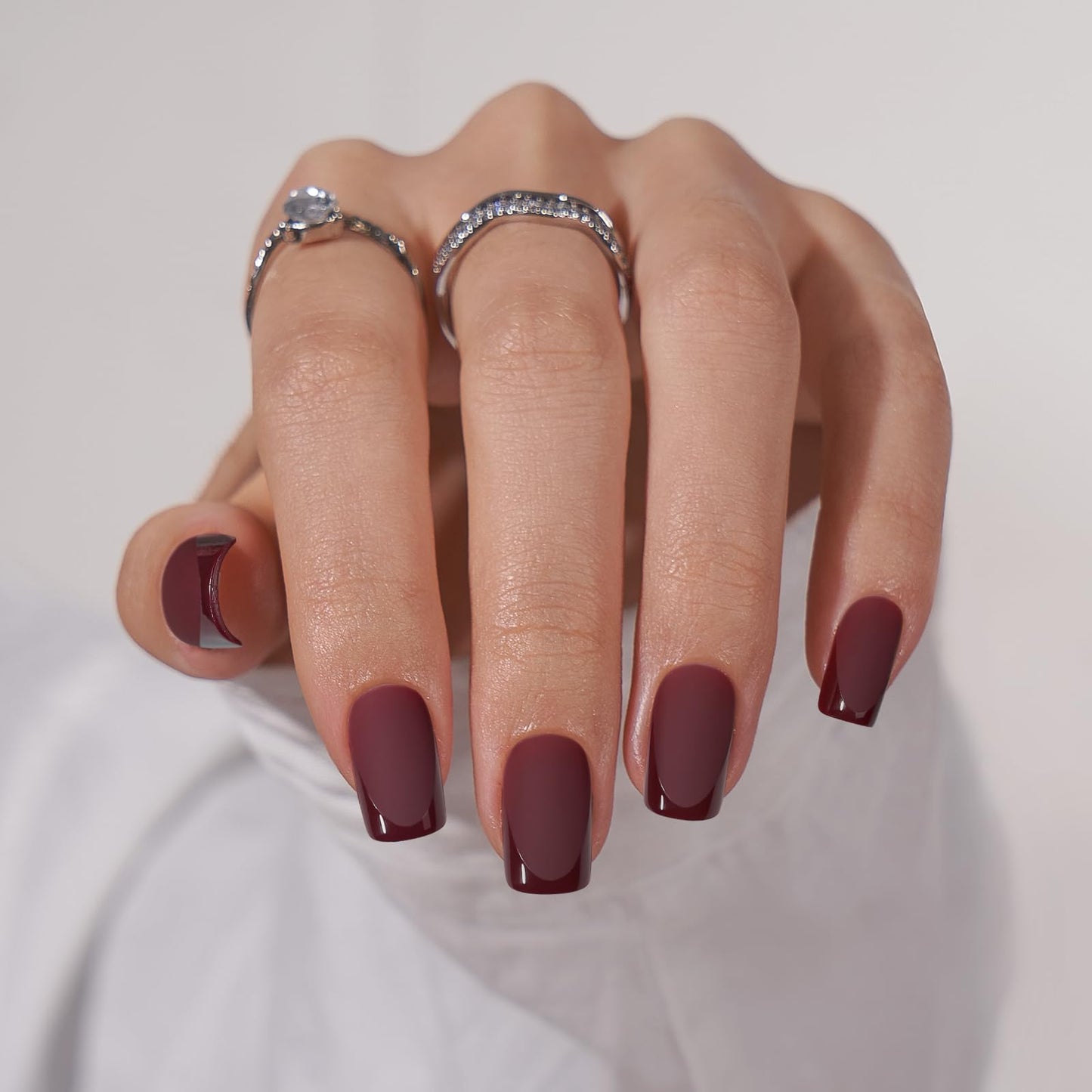 BTArtbox Press on Nails Short Square - Dark Red Nails with Glossy French Tips in a Matte Finish, Soft Gel Fake Nails Glue On Nails in 16 Sizes for Christmas, Cream Puff & Cozy Cocoa