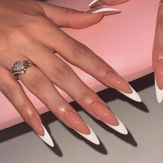 IMRAIN White French Tip Press on Nails Long Stiletto Fake Nails Reusable Glossy Acrylic False Nails Artificial Full Cover Nail Supplies, Nail Art DIY 12 Sizes - 24 Pcs