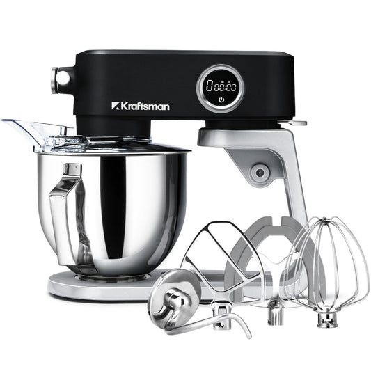 Kraftsman Stand Mixer All Metal - Heavy Duty Kitchen Standing Mixer 5.3 Quart with 4 Stainless Steel Attachments, DC Motor & Multifunctional Power Hub, 8-Speed & Timer, Lower Noise (Black)