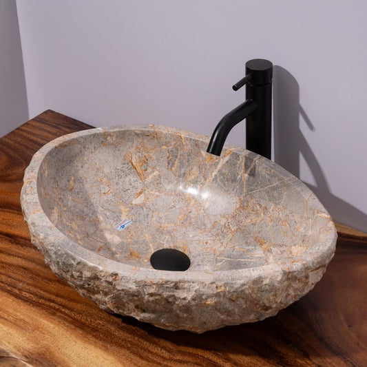 Organic Freeform Hand-Carved Marble Vessel Sink – Stone Vessel Sink with Chiseled Exterior & Natural Gold Veining – One-of-a-Kind Rustic Luxury Bathroom Sink