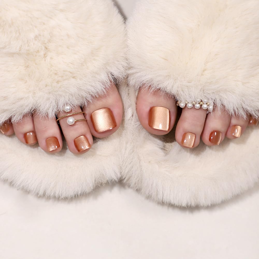 Gold Press on Toenails Short Square Fake Toe Nails Shiny Glitter Acrylic Toenails Bling False Toenails with Finish Amber Designs Glossy Artificial Glue on Nails for Women Girls 24Pcs