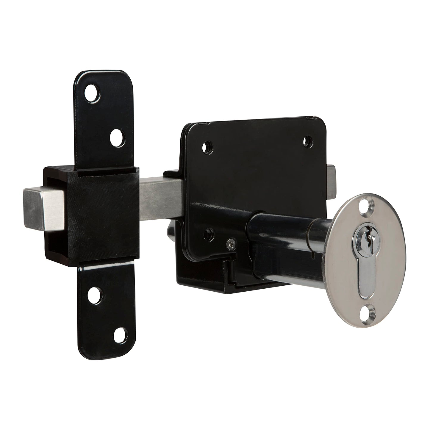 GateMate Long Throw Gate Lock, Euro Profile Keyed Both Sides Gate Lock for Sheds, Gates & Garage Doors, 316 Stainless Steel, for Wooden Gates & Doors Up to 2” Thick, Black, 5 Keys