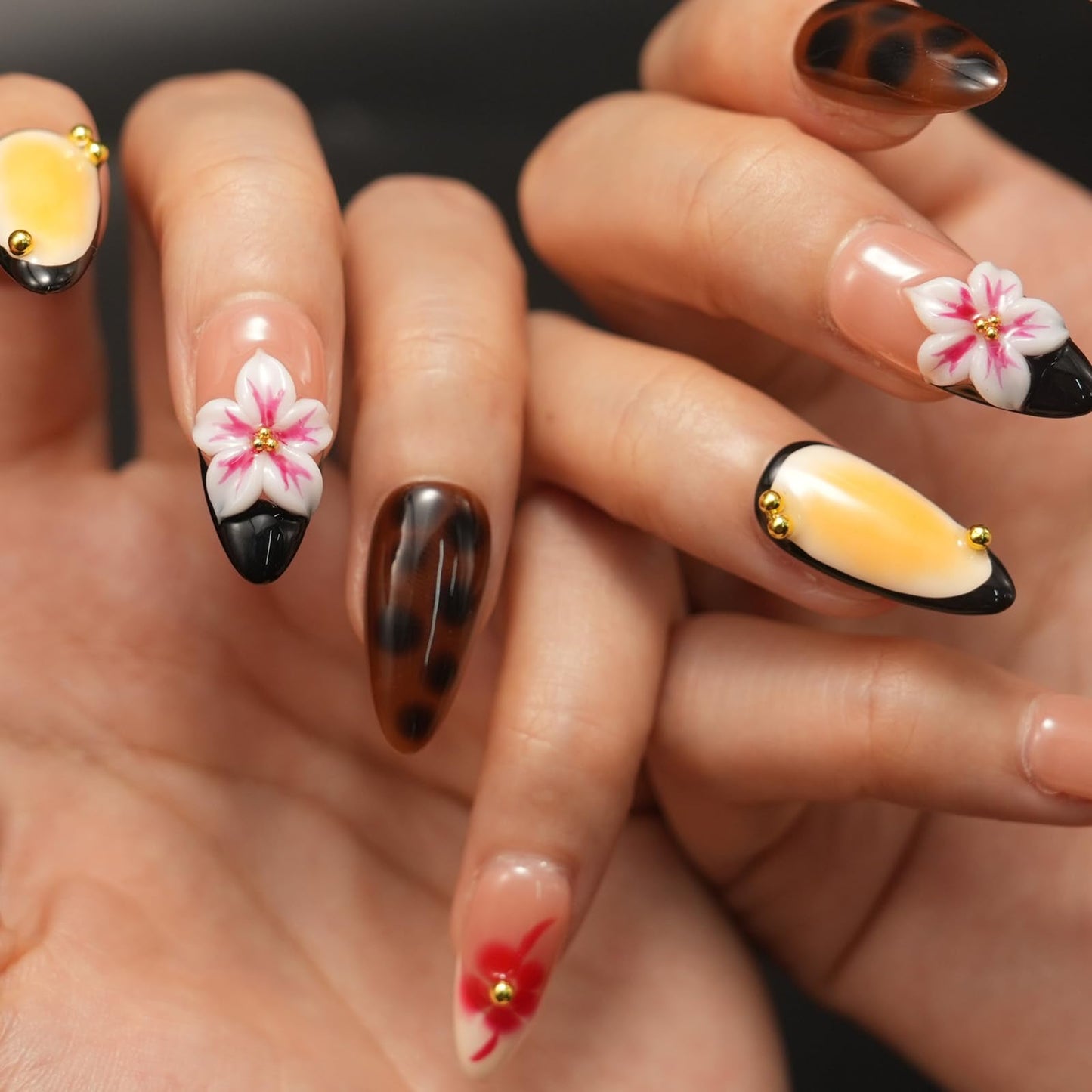 Handmade Press On Nails – Luxury 3D Flower French Tip Designs ， Medium Almond Reusable False Nails for Women & Girls ，Salon-Quality Autumn Winter Nail Art (10PCS)