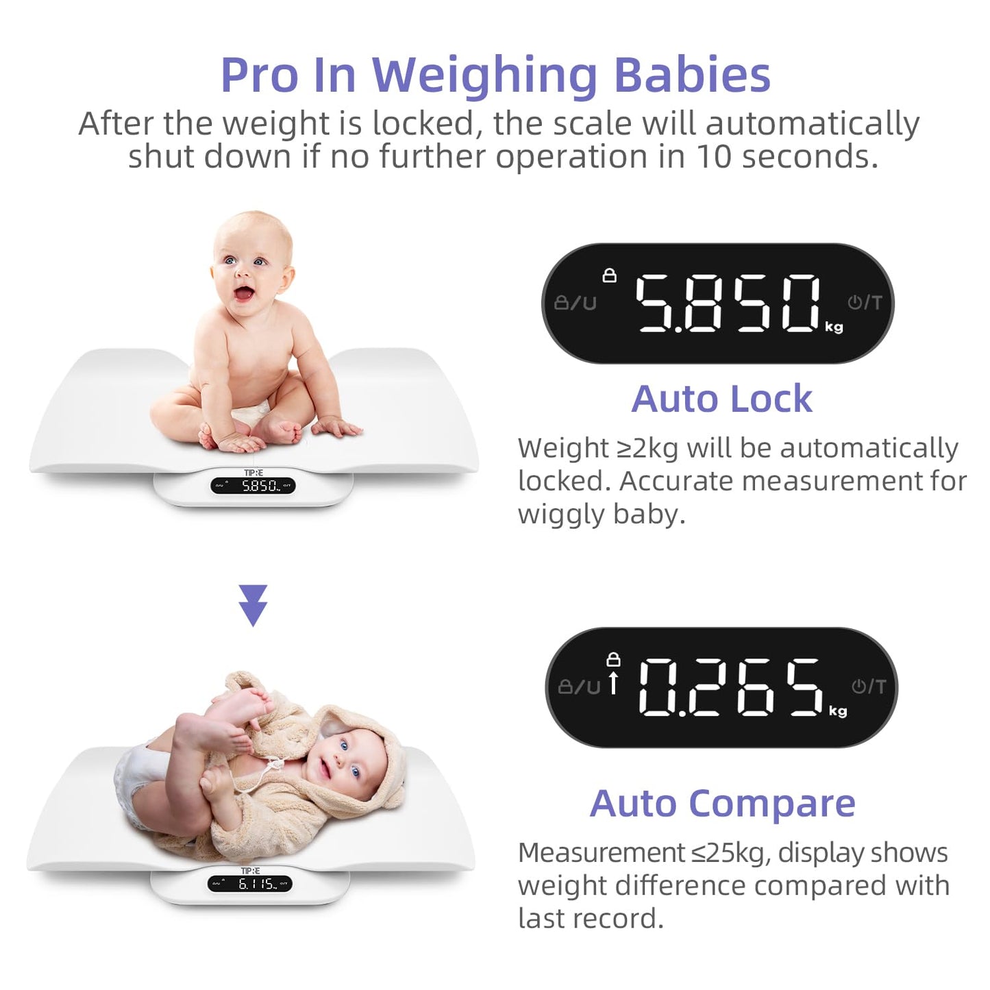 TIPRE Baby Weight Scale, Infant Scale with Detachable Tray, Pet Scale for Cat Dog, Multiple Weighing Scale for Toddler, Children, Pet and Adult Auto-Rotation LED Screen, Up to 400lb/180kg