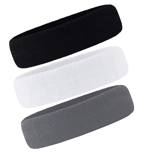 3 Pack Men & Women Sweatband Headband Terry Cloth Moisture Wicking for Sports Tennis Gym Work Out (White,Black,Gray)