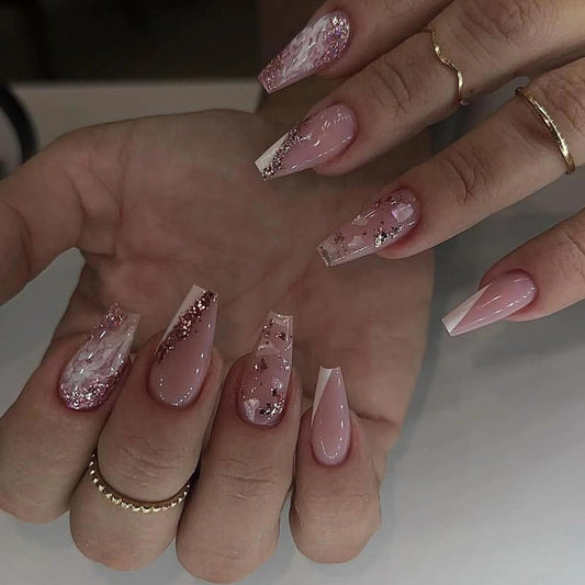 MISUD Press on Nails - Long Coffin Fake Nails with White Ombre, Acrylic Bling Glitter Design 24 pcs