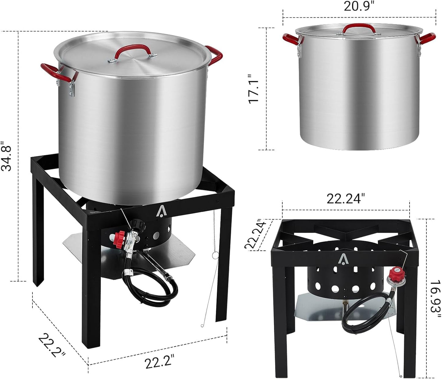 60-Quart Aluminum Seafood Boil Pot Kit with Steam/Boil Basket & Strainer, 110,000 BTU Propane Jet Burner & Lifting Hook, 10 PSI Regulator, Outdoor Crawfish, Shrimp, Crab Boiler and Fryer Combo