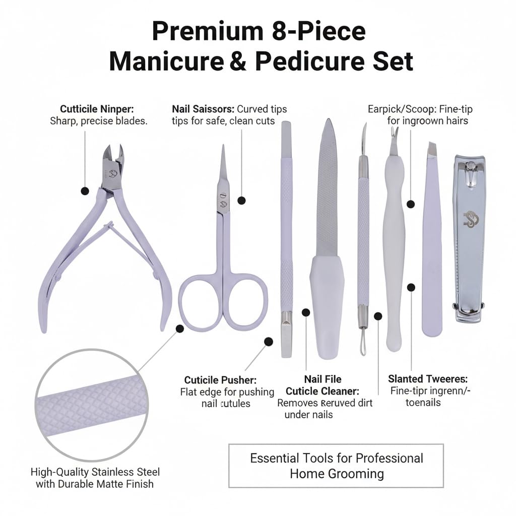 Professional Manicure Pedicure Set Nail Clippers Kit with Cuticle Trimmer Nail File Scissors & Grooming Tools in Portable Leather Travel Case for Men & Women White