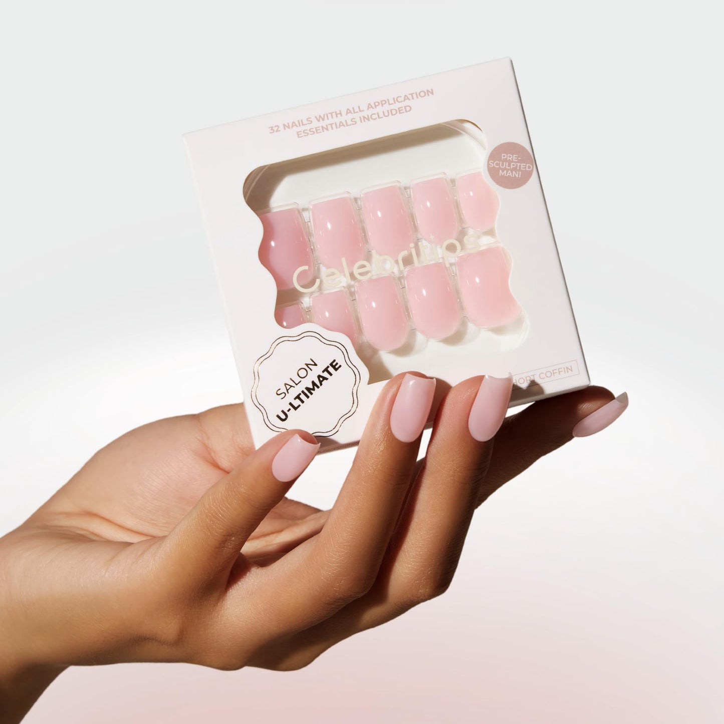 Celebritips Press On Nails - Salon U-ltimate™ | Clean Pink, Short Coffin Nails, Reusable | 16 sizes - 32 Nails Kit with Glue and Sticky Tabs