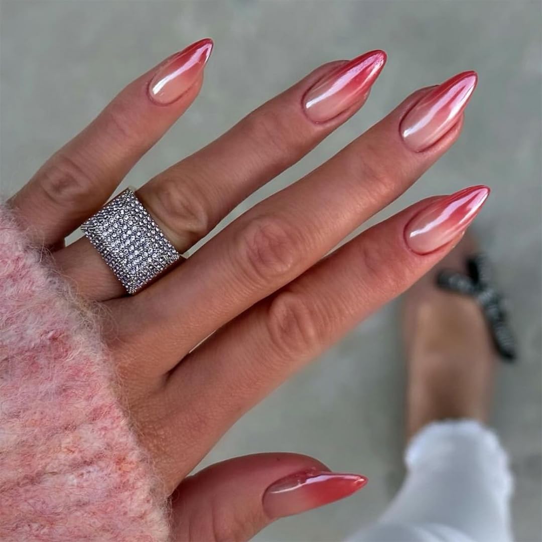 Ombre Red Press On Nails Almond Stiletto - KQueenest Chrome French Press On Nails Medium, Sparkle Gradient Fake Nails Press on, Glazed Cute French Glue on Nails Medium, Stick On Nails for Women