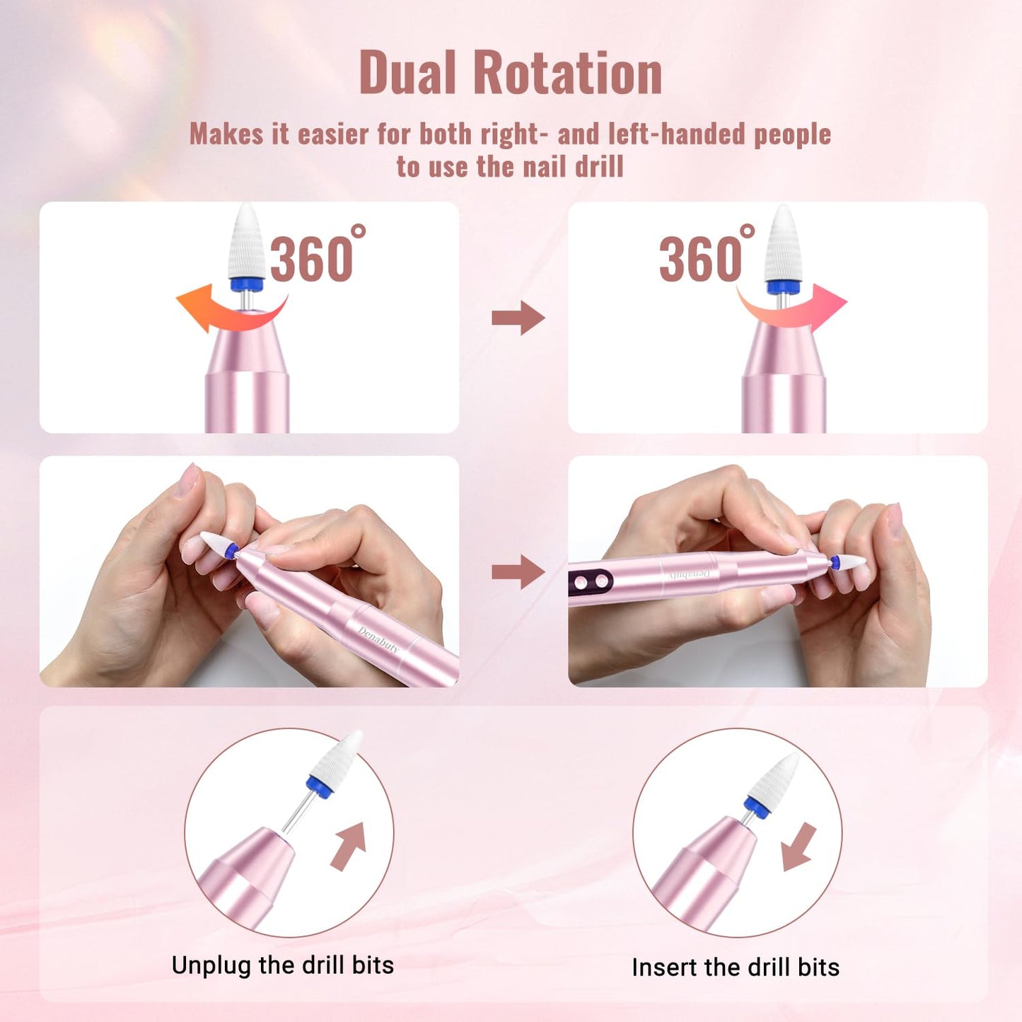 Denabuty Cordless Electric Nail Drill File: 35000RPM Professional Nail Drill Machine with UV LED Nail Lamp Charging Base, Manicure Pedicure Kit E File for Acrylic Gel Dip Powder Polish Pink