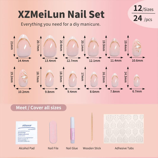 XZMeiLun Pink French Tips Press On Nails Short Almond, 3D Gold Line White Flower Designer Reusable Acrylic Fake Nails with Glue, Glossy Gel Finish, Thick Natural Nails for Women Girls Date Manicure