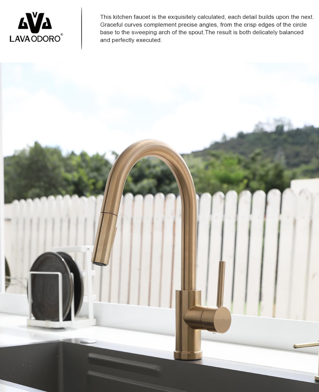 Lava Odoro Champagne Gold Kitchen Faucet with Pull Down Sprayer, Modern Kitchen Sink Faucet Single Hole Gold Faucet for Kitchen Sink with 2-Function Spray Head, Deck Plate Included, KF1120-CB