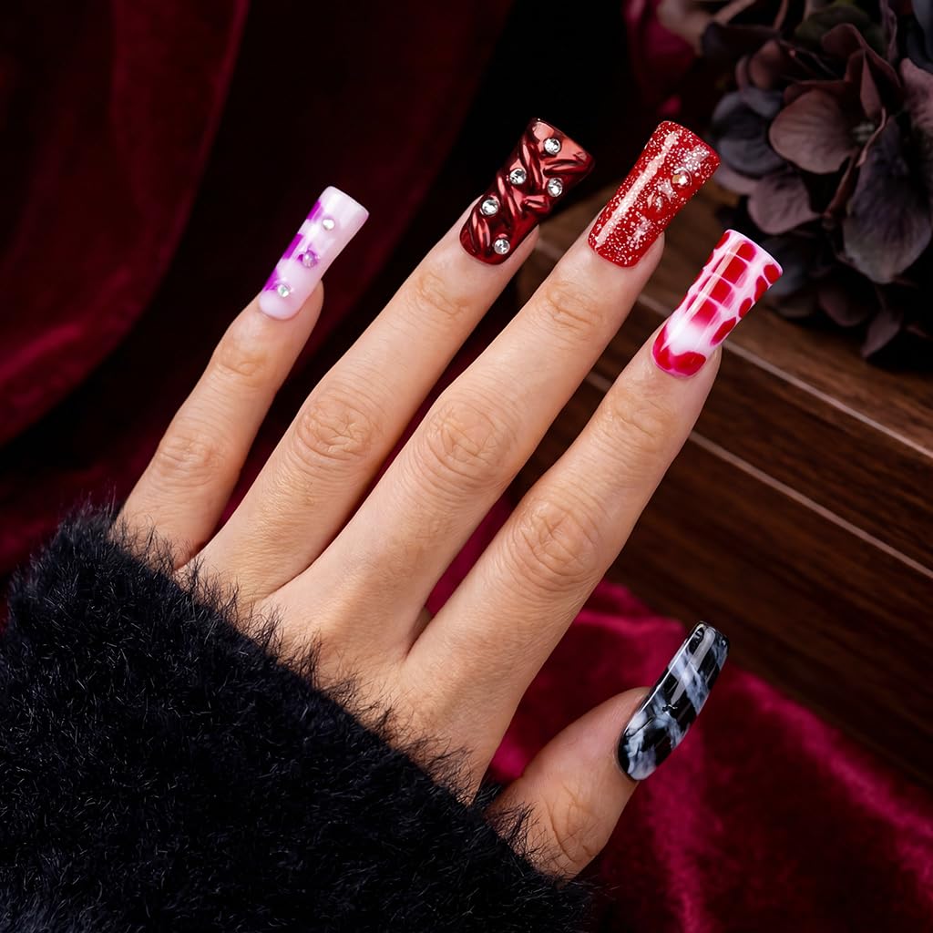 IntoVibes 10 Pieces Candy Pop Mix Long Duck Press On Nails, Multi-Color Y2K Design, Reusable Fake Nails with Mixed Patterns, Reusable Fake Nails, Acrylic Nails (M)