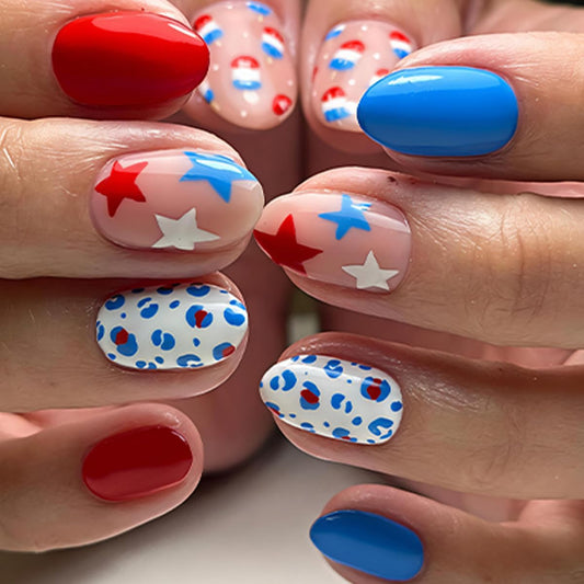 24 Pcs Independence Day Press on Nails Short Almond WLGDLH July 4th Fake Nails, Blue Red False Nails with Star Leopard Print Design, Short Oval Glue on Nails for Women Manicure, Glossy Finish