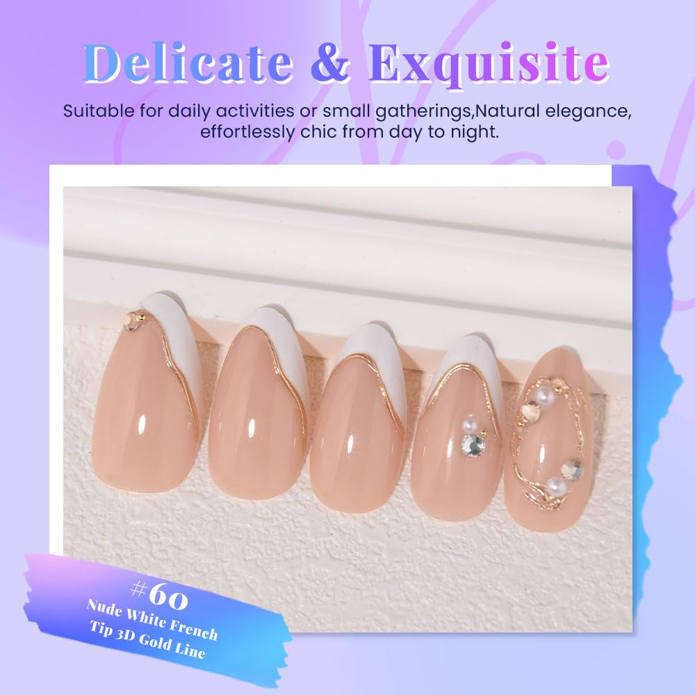 evpct Nude 3D Press on Nails Short Almond, White French Tip Nail Short Almond with Gold Line Design, Glossy Stick on Nails for Women Gift, Reusable Full Cover Soft Gel Press on Fake Nail with Design