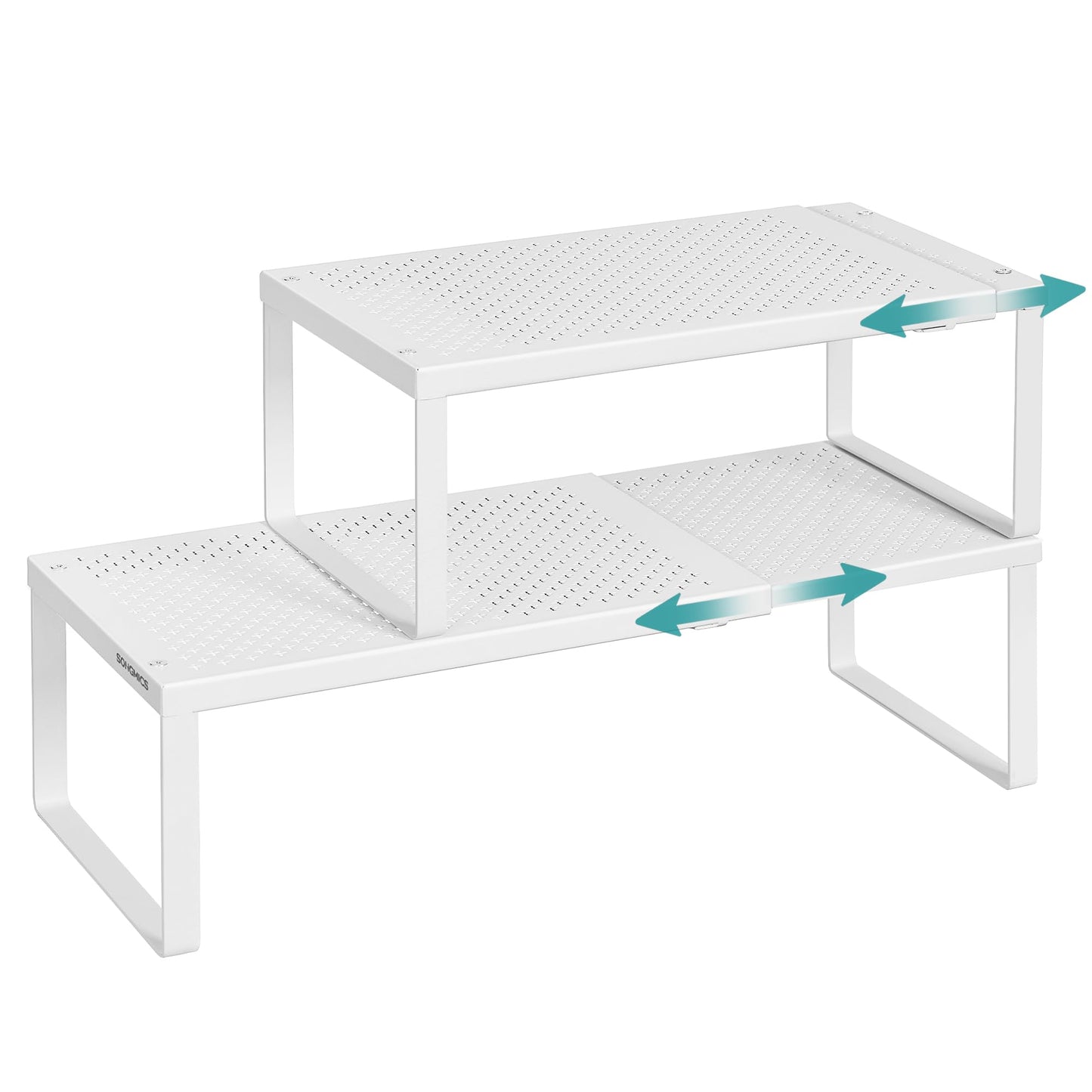 SONGMICS Spice Racks, Set of 2 Expandable Kitchen Countertop Shelves, Small Cupboard Organizers, Metal, Space-Saving Tabletop Shelves, Matte White UKCS402W01