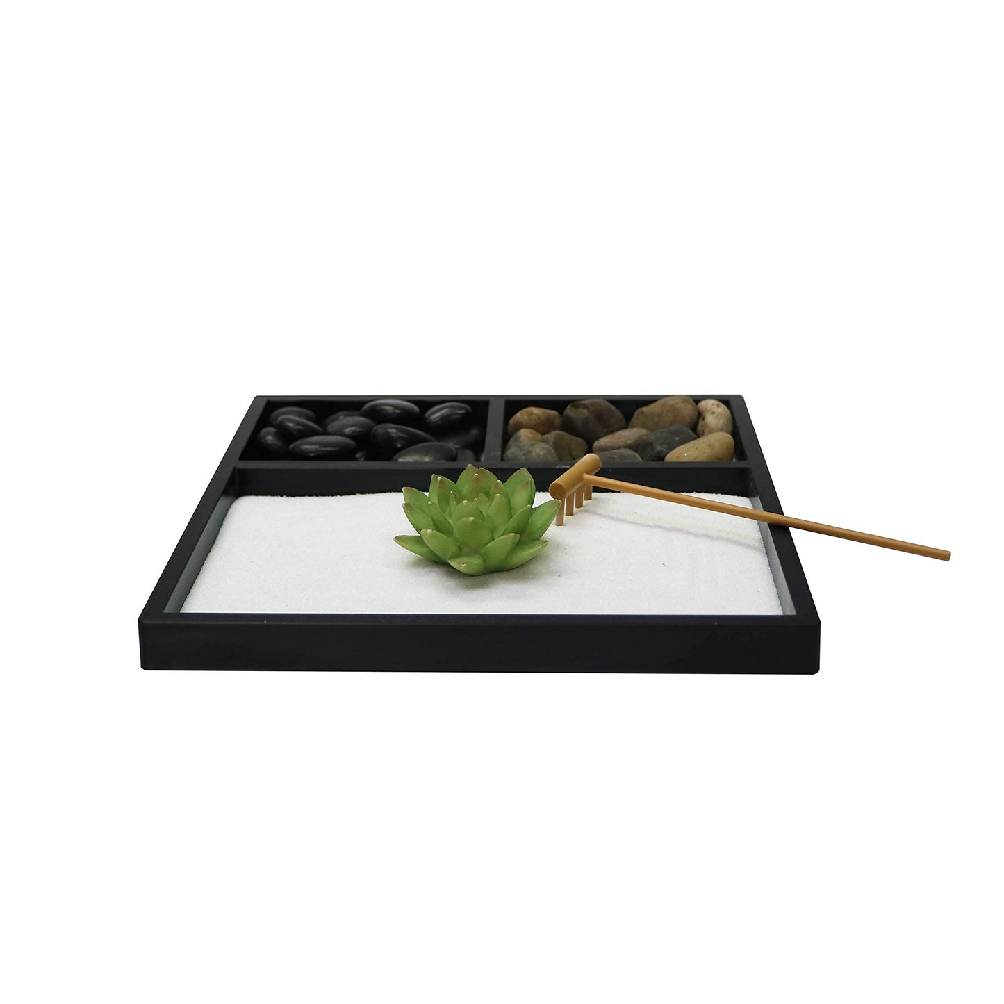 Nature's Mark Mini Zen Garden Kit for Desk with Rake, White Sand, Lotus Figure, 3 Sections Black Square Base, River Rocks and Black Rocks (9Lx9W C)