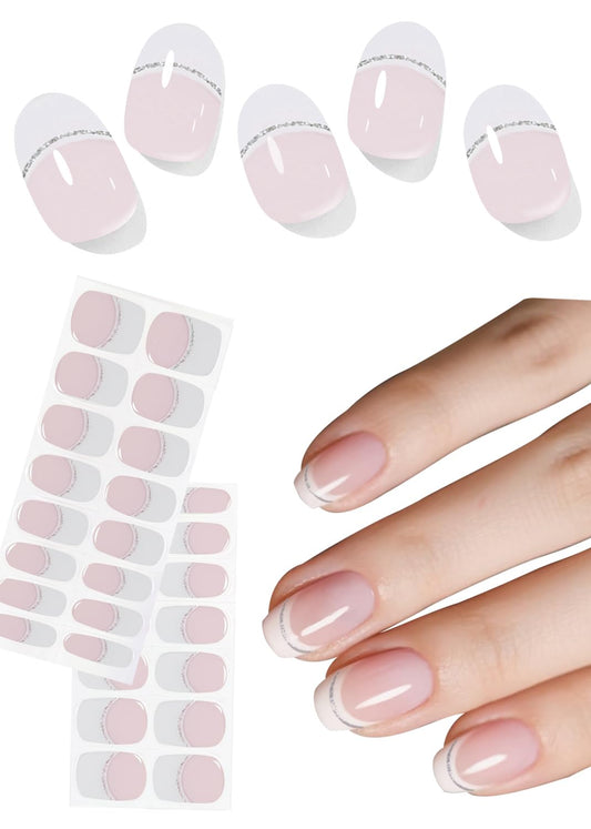 Semi Cured Gel Nail Strips, No LED Lamp Needed, French Glitter Gel Nail Stickers, Wraps for Home Manicure DIY