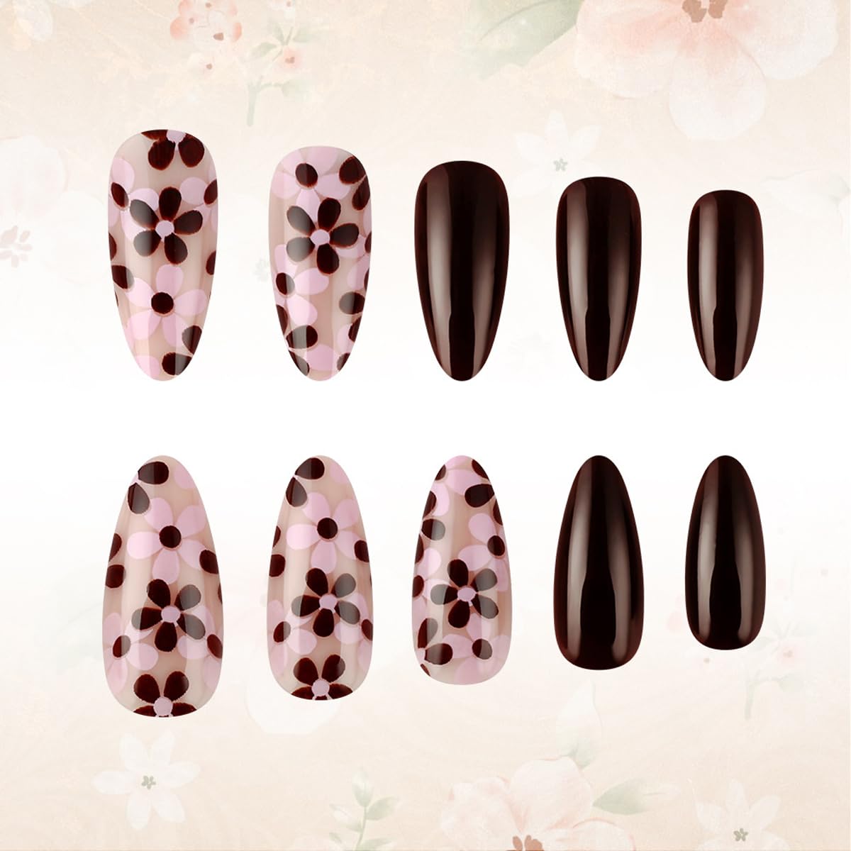 Flower Press on Nails - Short Almond Fake Nails Press ons with Floral Designs, Brown Nails Glossy Acrylic Nails Full Cover Glue on Nails for Women Manicure 24Pcs