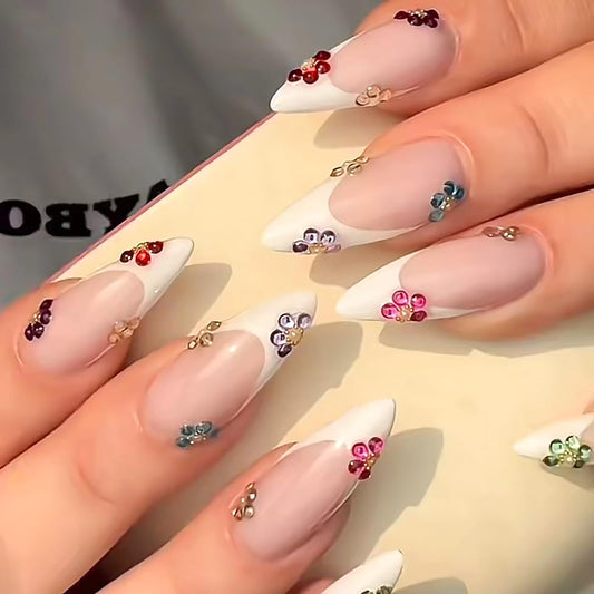 RUOKEXIN Long Press on Nails Almond Fake Nails White French Tip False Nails with 3D Flower Designs Stiletto Nail Press ons Sparkly Artificial Nails for Women 24Pcs