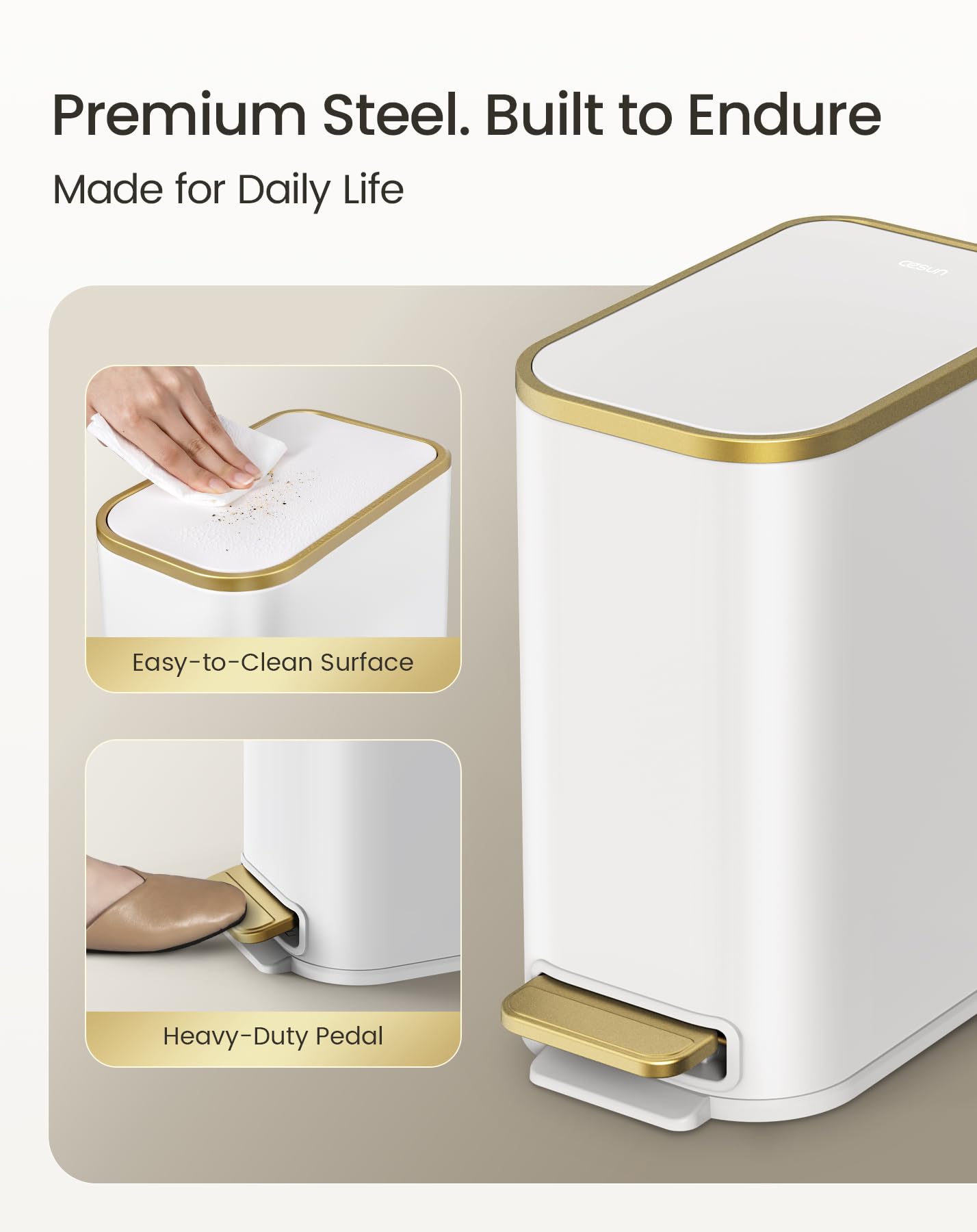 Cesun Small Bathroom Trash Can with Lid Soft Close, 5 Liter/1.3 Gallon Stainless Steel Garbage Can with Removable Inner Bucket, Step Pedal, Slim Waste Basket for Toilet, Office, Bedroom (White&Gold)