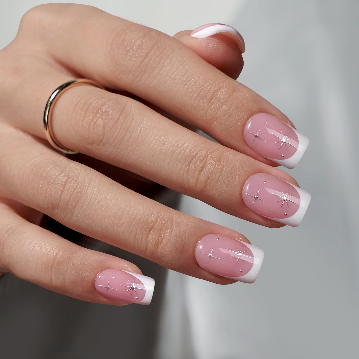 BTArtbox French Tip Press On Nails - Pink Short Press On Nails with Stars, Soft Gel Glue On Nails with Nail Glue in 16 Sizes, 32 Stick on Nails Kit, Starlit Sparkle