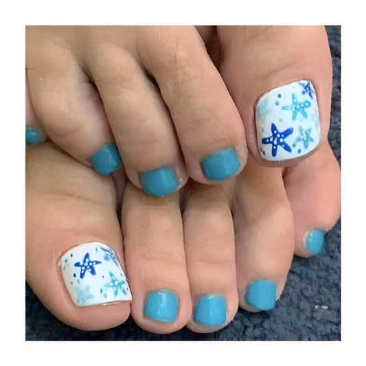 Summer Press on Toenails Short Square Fake Toe Nails Starfish False Toenails Blue Toenail Press Ons Glossy Stick on Toenail Acrylic Full Cover Glue on Toe Nail for Women Decorations Set 24Pcs