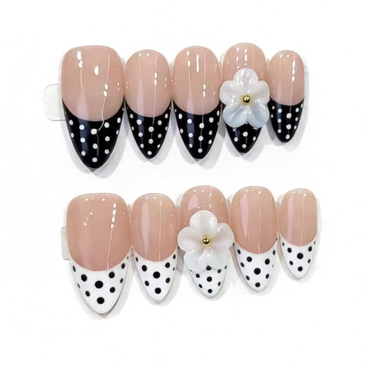 Handmade Press on Nails Black and White Polka Dots Medium Almond Fake Nails French Tips, Multi-Layer Gel Acrylic Nails for Women Nail Art Sheer Floral Glow 10 Pcs(S)