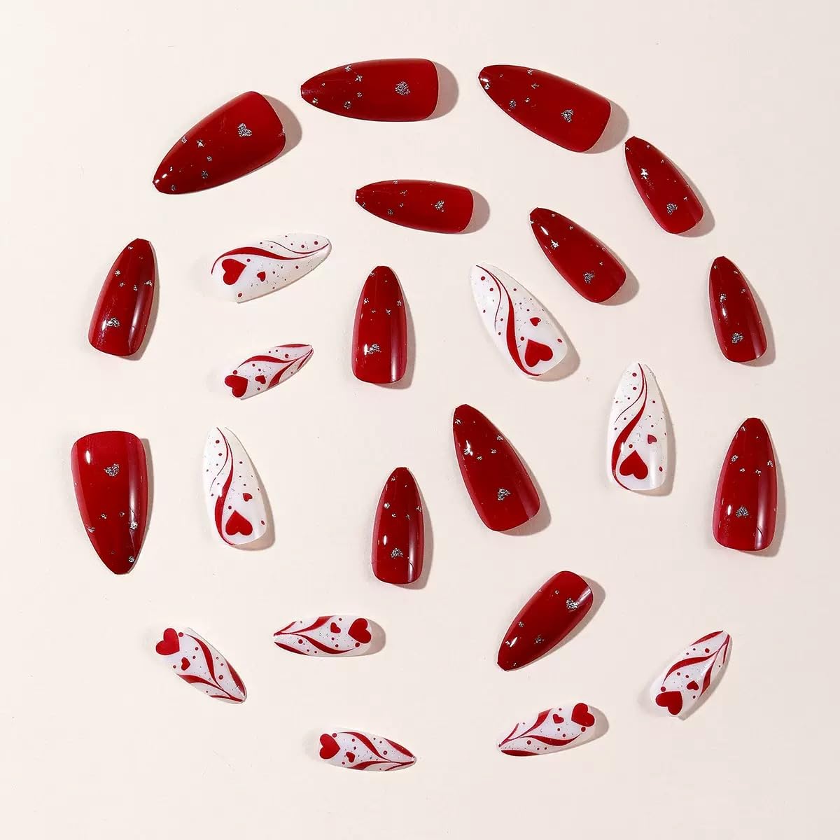 CTTHNBD Press on Nails Red - Medium Almond Fake Nails with Heart Design - Glossy Glitter Stick on False Nails - for Women 24 Pcs