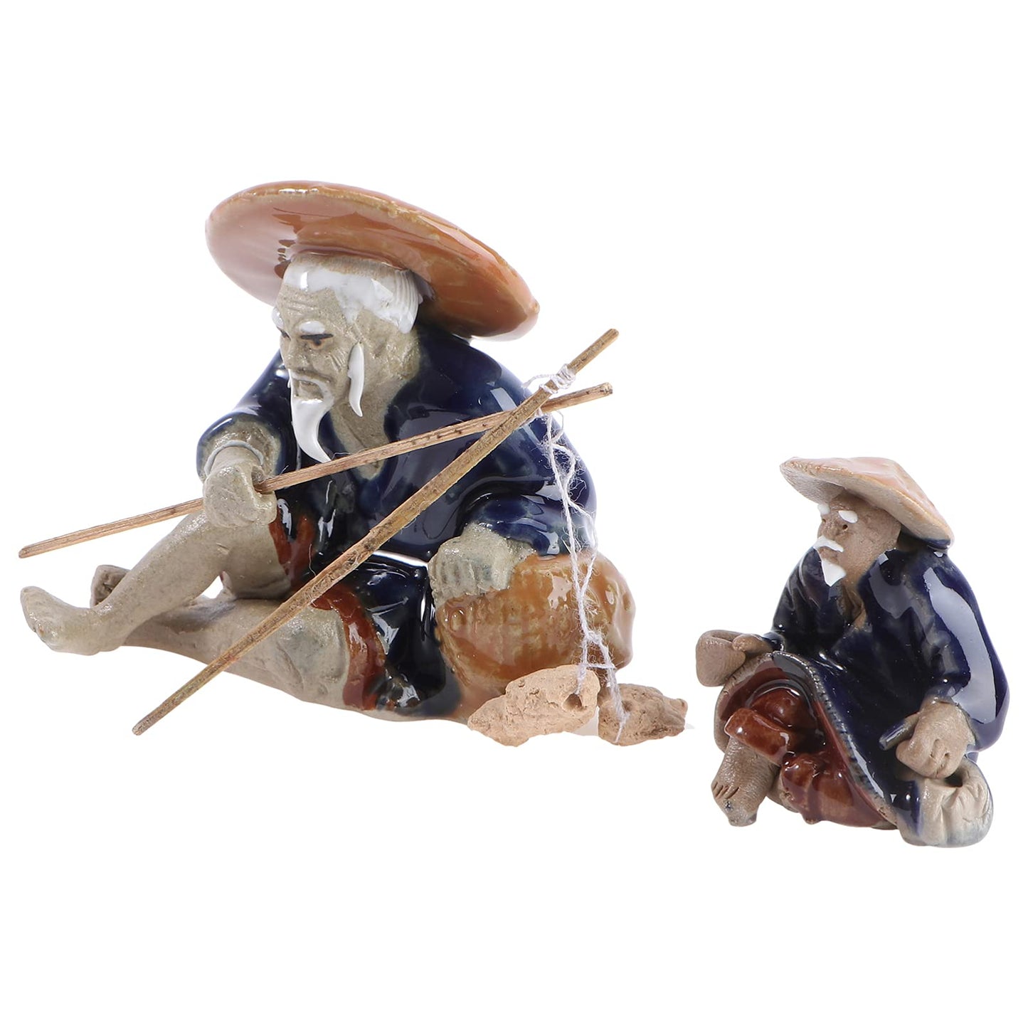 2Pcs Bonsai Collection Miniature Fisherman Figurines Ceramic Japanese Garden Decor, Mini Fishing Garden Statue, Fish Tank Landscape Ornament, Little Old Man Figure for Bonsai, Grey Brown
